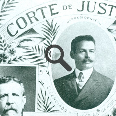Foto de documento antiguo con fotografías de miembros de la Corte de Justicia